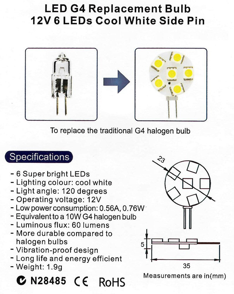 LED G4 REPLACEMENT BULB 6SMD SIDE PIN COOL WHITE