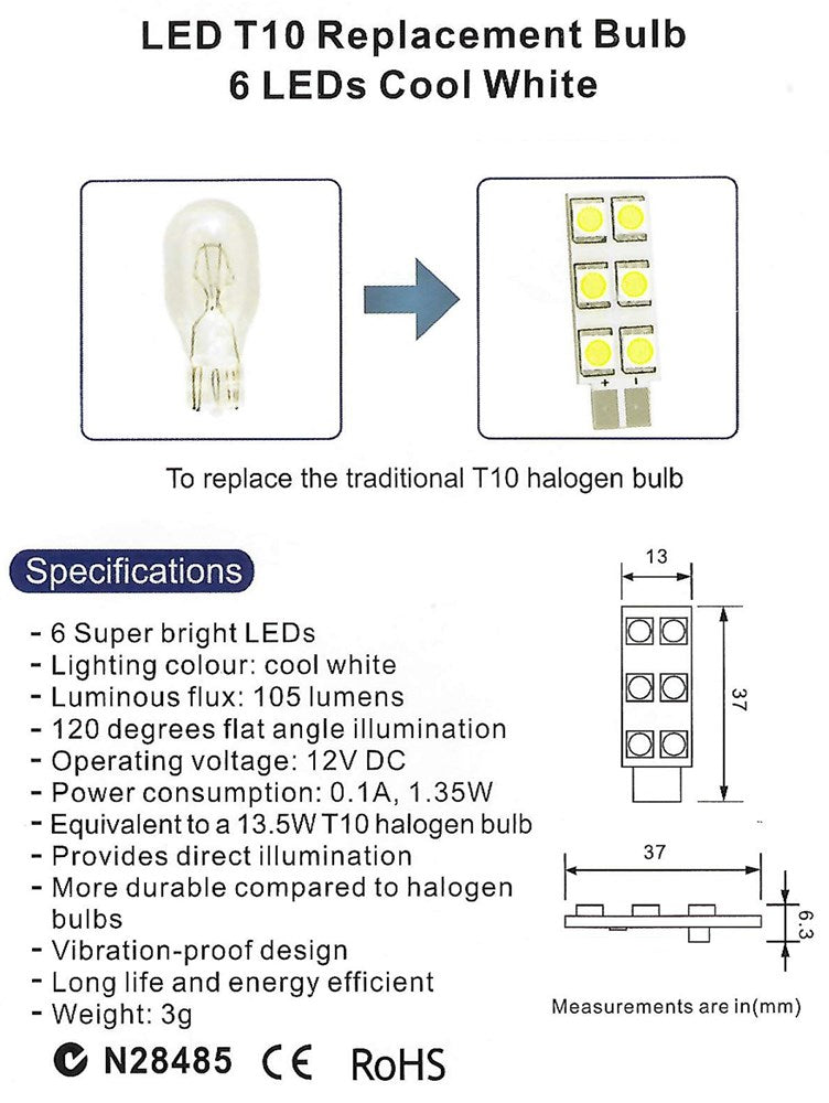 LED T10 REPLACEMENT BULB 6SMD COOL WHITE