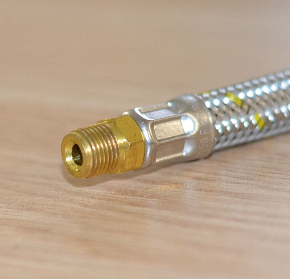 GAS PIGTAIL 450mm x 8mm ID BRAIDED POL HAND x 1/4 INV FL